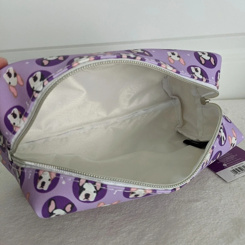 Boston Terrier Frenchie Cosmetic Bag Case Saffiano Vinyl Purple Lined NWT